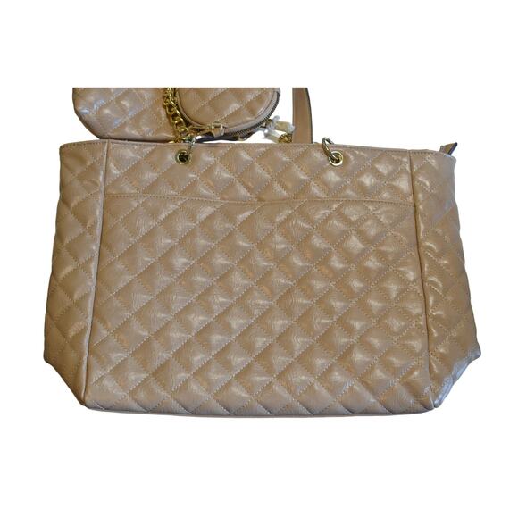 Women's Camel Brown Quilted Tote Bag w/ Pouches, Gold Hardware - Picture 1 of 5